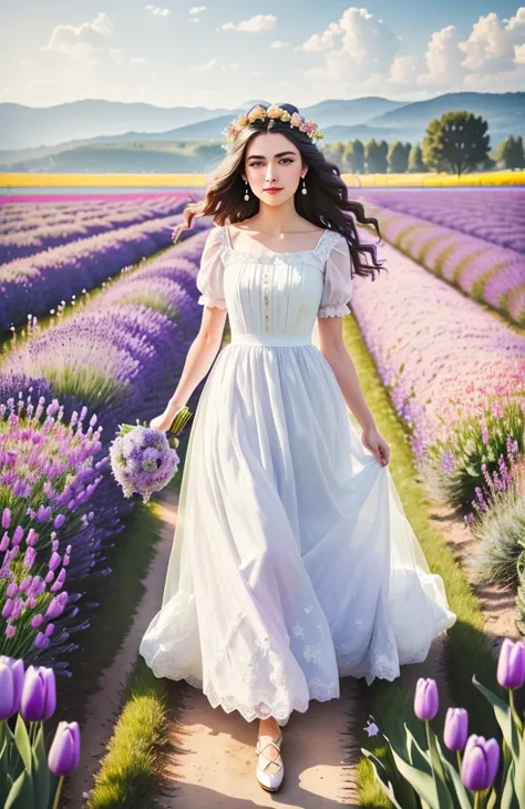 (best quality,4k,8k,high resolution,masterpiece:1.2),super detailed,actual,lavender field,dreamy,tulip,rose,a girl in a wedding ...