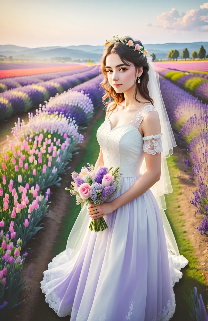 (best quality,4k,8k,high resolution,masterpiece:1.2),Super detailed,actual,lavender field,Dreamy,tulip,Rose,A girl in a wedding dress,Romantic,bright colors,soft light