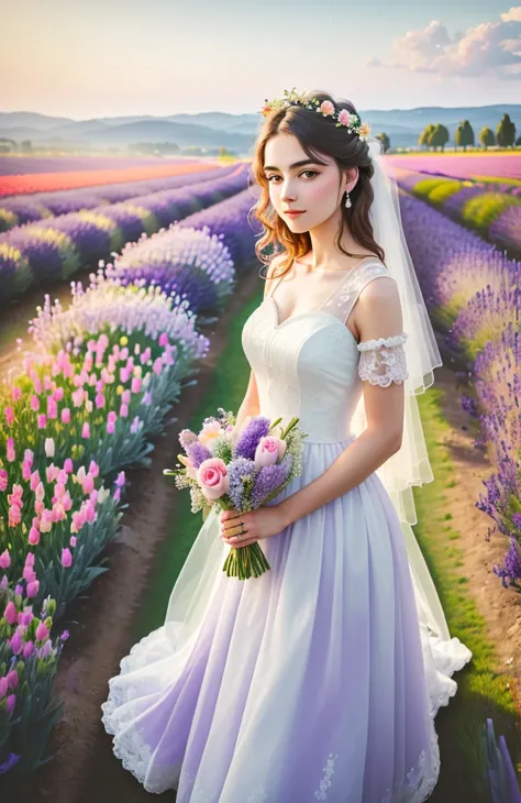 (best quality,4k,8k,high resolution,masterpiece:1.2),super detailed,actual,lavender field,dreamy,tulip,rose,a girl in a wedding ...