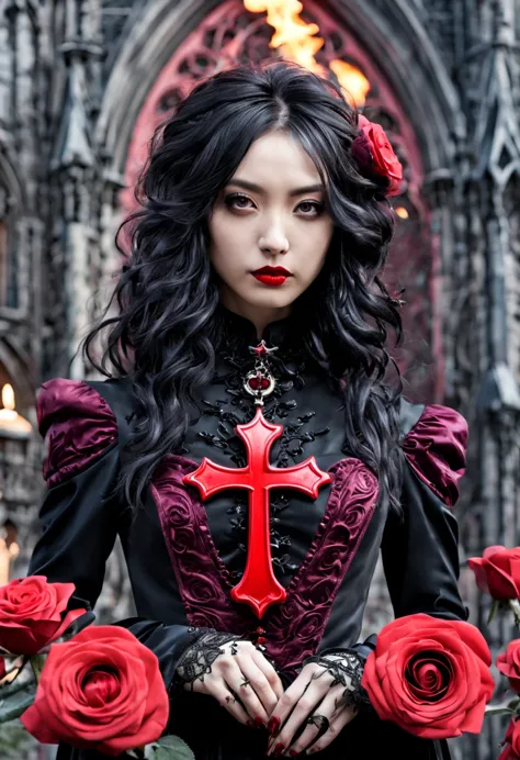 gothic cathedral，(Rose田:1.5)，cross，吸Blood鬼，hell，magma，flame，（紫色flame：1.3），Gothic aesthetics，Rose、castle、cross、Blood、churchyard，g...