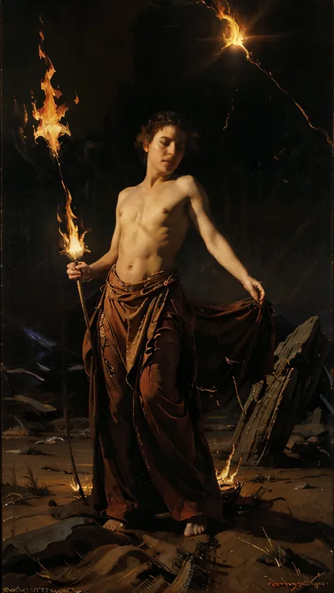 ( classic oil painting ) a epic scene of a full body fire sorcerer on the middle of the desert at night, conjuring pose, flames lighting the night flowing around your body, blue night ambience, desert background on the style of Dune