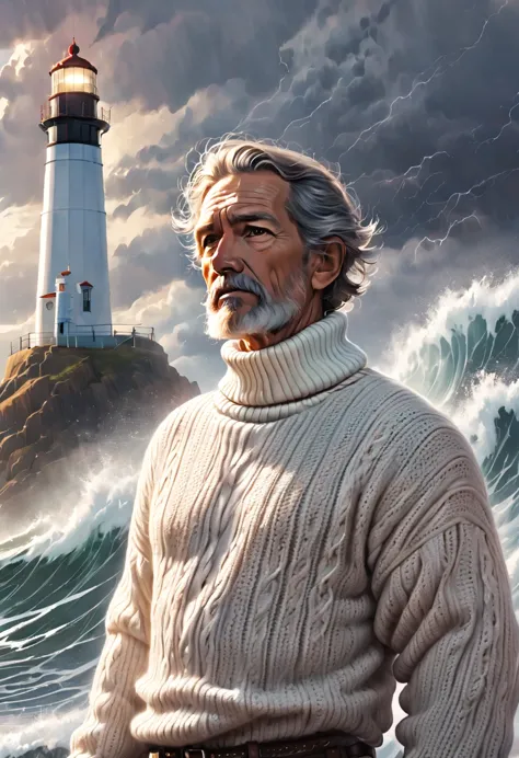 rough face portrait (old fisherman:1.3), (face focus:1.5), (storm:1.2), (waves:1.3), ocean, (lighthouse background:1.3), (cowboy...