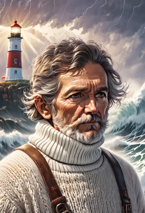 rough face portrait (old fisherman:1.3), (Face focus:1.5), (storm:1.2), (waves:1.3), ocean, (lighthouse background:1.3), (cowboy...