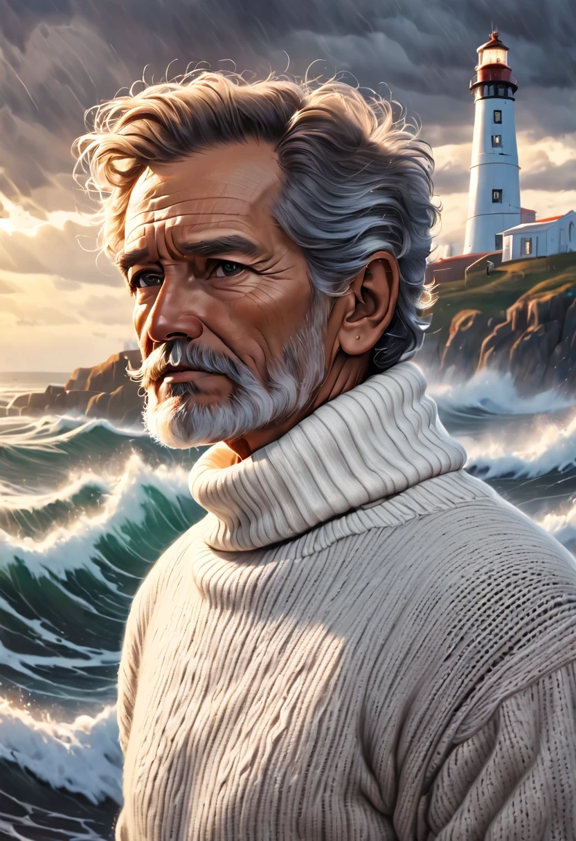 rough face portrait (old fisherman:1.3), (Face focus:1.5), (storm:1.2), (waves:1.3), ocean, (lighthouse background:1.3), (cowboy shooting:1.4), (White turtleneck knitted sweater:1.3), looking at the audience, actual, masterpiece, best quality, backlight, (lens flare:1.1), (bloom:1.1), (Color difference:1.1), author：Jeremy Lipkin, by Antonio J. manzanedo, number