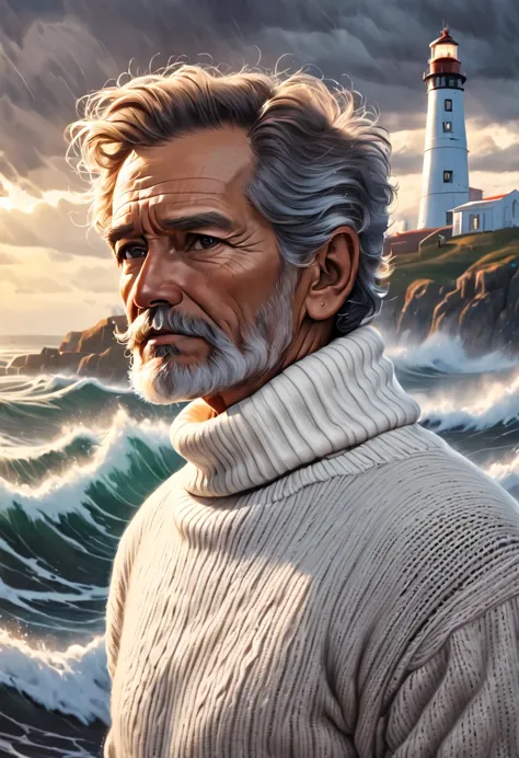 rough face portrait (old fisherman:1.3), (Face focus:1.5), (storm:1.2), (waves:1.3), ocean, (lighthouse background:1.3), (cowboy...