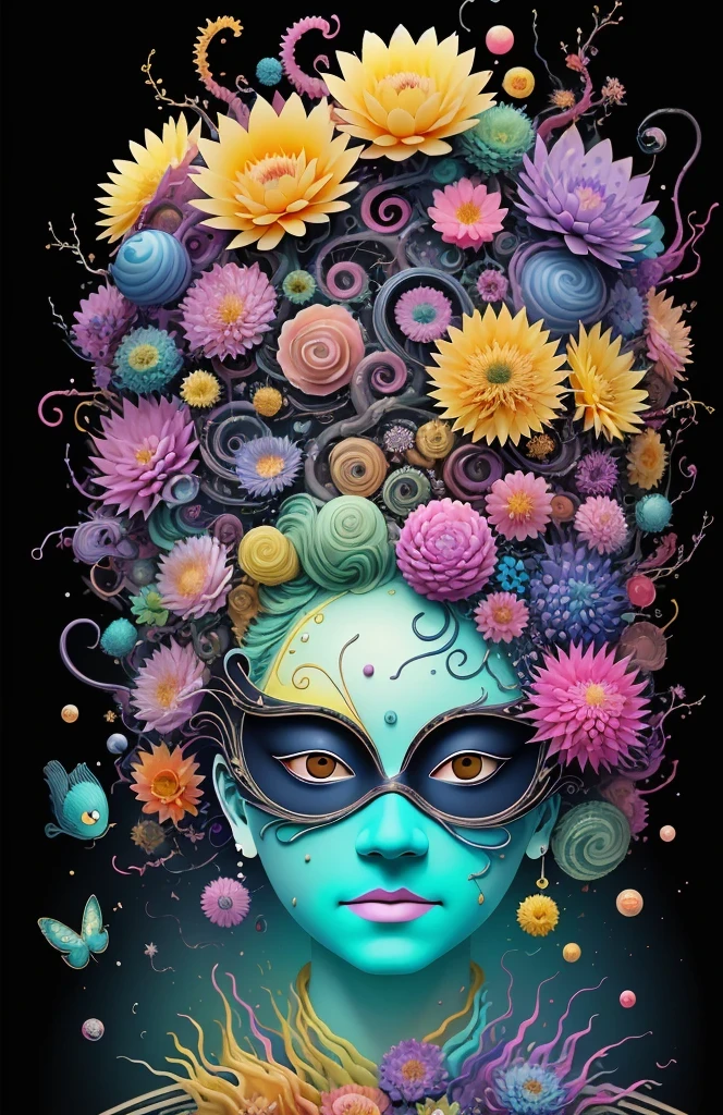 3d mask with various ordinary objects on it,spiky blonde hair,texture, complicated, Dreams bloom like flowers，ayahuasca，old tree，bubble，small fish，Gorgeous, shadow, pastel colors, 3d, mask, Very detailed, Deco, tim burton, salvador dali, Cheng Xiaolong, Cyril Rolando, inspired by J. d. lasso, 3d stereoscopic，pop color style, Portrait photo surrounded by orbiting planetary satellites, green hair spiky hair, make me jealous, Mark Leyden, Alberto Seveso, creek shade, Anna Dietman, Flora Bossi, 8k resolution, perfect composition, Milky Way, rainbow colors, flying insects, scales, wing, blue, texture, complicated, Gorgeous, shadow, pastel colors,mask， 3d, Very detailed, Deco, tim burton, Dale Chihuly, Xiaolongcheng, Cyril Rolando, by J. Jitter，flower sky，artwork，display stand，sculpture，Craftsmanship，artwork，