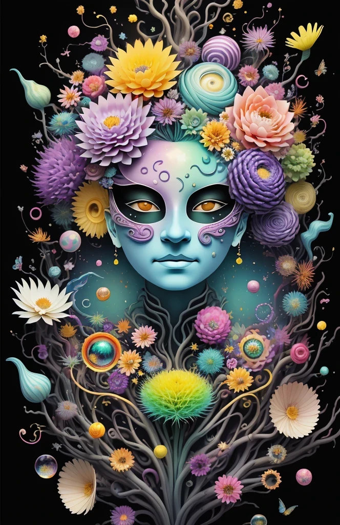 3d mask with various ordinary objects on it,spiky blonde hair,texture, complicated, Dreams bloom like flowers，ayahuasca，old tree，bubble，small fish，Gorgeous, shadow, pastel colors, 3d, mask, Very detailed, Deco, tim burton, salvador dali, Cheng Xiaolong, Cyril Rolando, inspired by J. d. lasso, 3d stereoscopic，pop color style, Portrait photo surrounded by orbiting planetary satellites, green hair spiky hair, make me jealous, Mark Leyden, Alberto Seveso, creek shade, Anna Dietman, Flora Bossi, 8k resolution, perfect composition, Milky Way, rainbow colors, flying insects, scales, wing, blue, texture, complicated, Gorgeous, shadow, pastel colors,mask， 3d, Very detailed, Deco, tim burton, Dale Chihuly, Xiaolongcheng, Cyril Rolando, by J. Jitter，flower sky，artwork，display stand，sculpture，Craftsmanship，artwork，