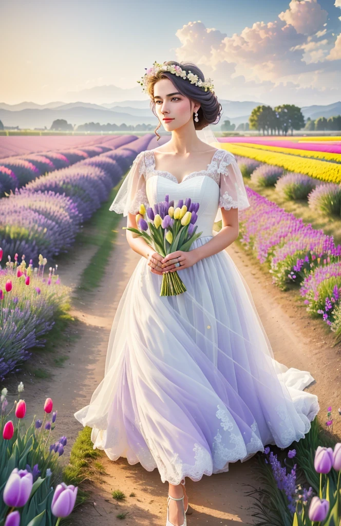 (best quality,4k,8k,high resolution,masterpiece:1.2),Super detailed,actual,lavender field,Dreamy,tulip,Rose,A girl in a wedding dress,Romantic,bright colors,soft light