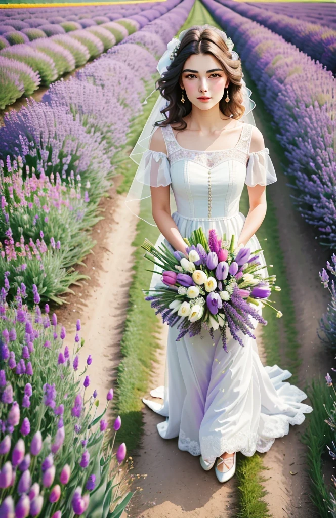 (best quality,4k,8k,high resolution,masterpiece:1.2),Super detailed,actual,lavender field,Dreamy,tulip,Rose,A girl in a wedding dress,Romantic,bright colors,soft light