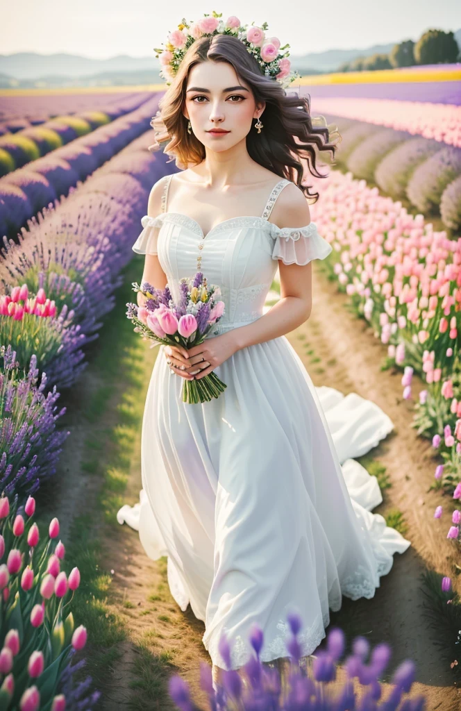 (best quality,4k,8k,high resolution,masterpiece:1.2),Super detailed,actual,lavender field,Dreamy,tulip,Rose,A girl in a wedding dress,Romantic,bright colors,soft light