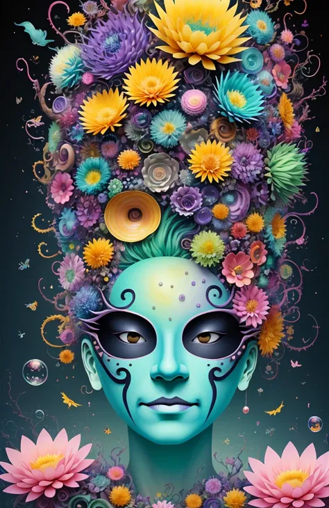 3d mask with various ordinary objects on it,spiky blonde hair,texture, complicated, dreams bloom like flowers，ayahuasca，old tree...