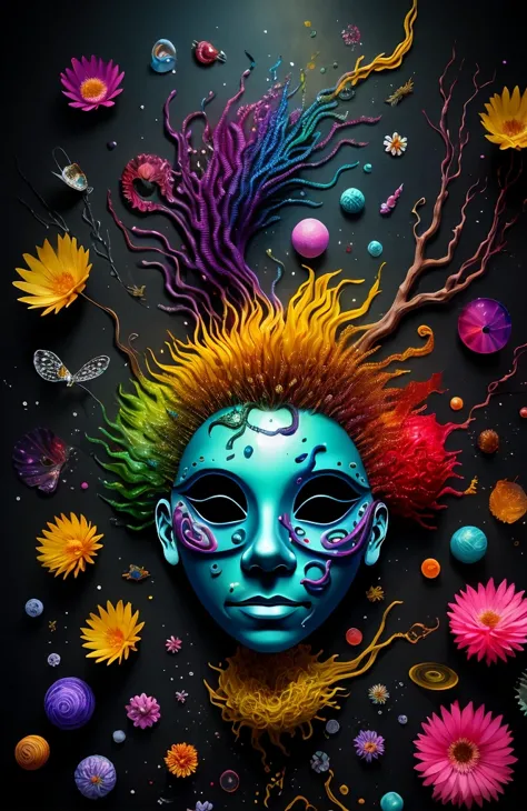 3d mask with various ordinary objects on it,spiky blonde hair,texture, complicated, Dreams bloom like flowers，ayahuasca，old tree...