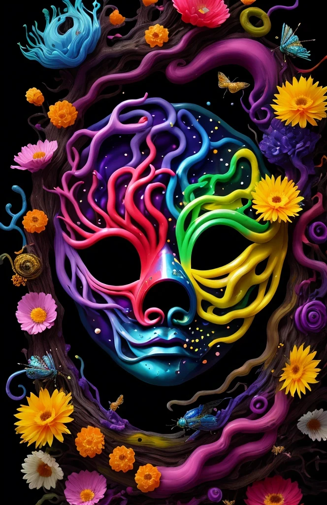 3d mask with various ordinary objects on it,spiky blonde hair,texture, complicated, Dreams bloom like flowers，ayahuasca，old tree，bubble，small fish，Gorgeous, shadow, pastel colors, 3d, mask, Very detailed, Deco, tim burton, salvador dali, Cheng Xiaolong, Cyril Rolando, inspired by J. d. lasso, 3d stereoscopic，pop color style, Portrait photo surrounded by orbiting planetary satellites, green hair spiky hair, make me jealous, Mark Leyden, Alberto Seveso, creek shade, Anna Dietman, Flora Bossi, 8k resolution, perfect composition, Milky Way, rainbow colors, flying insects, scales, wing, blue, texture, complicated, Gorgeous, shadow, pastel colors,mask， 3d, Very detailed, Deco, tim burton, Dale Chihuly, Xiaolongcheng, Cyril Rolando, by J. Jitter，flower sky，artwork，display stand，sculpture，Craftsmanship，artwork，