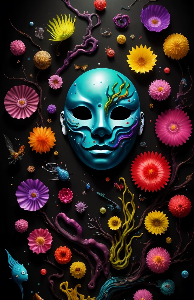 3d mask with various ordinary objects on it,spiky blonde hair,texture, complicated, Dreams bloom like flowers，ayahuasca，old tree，bubble，small fish，Gorgeous, shadow, pastel colors, 3d, mask, Very detailed, Deco, tim burton, salvador dali, Cheng Xiaolong, Cyril Rolando, inspired by J. d. lasso, 3d stereoscopic，pop color style, Portrait photo surrounded by orbiting planetary satellites, green hair spiky hair, make me jealous, Mark Leyden, Alberto Seveso, creek shade, Anna Dietman, Flora Bossi, 8k resolution, perfect composition, Milky Way, rainbow colors, flying insects, scales, wing, blue, texture, complicated, Gorgeous, shadow, pastel colors,mask， 3d, Very detailed, Deco, tim burton, Dale Chihuly, Xiaolongcheng, Cyril Rolando, by J. Jitter，flower sky，artwork，display stand，sculpture，Craftsmanship，artwork，