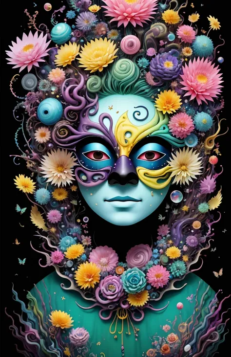 3d mask with various ordinary objects on it,spiky blonde hair,texture, complicated, dreams bloom like flowers，ayahuasca，old tree...