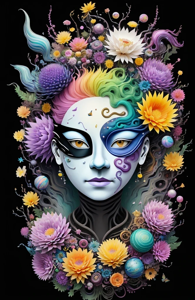 3d mask with various ordinary objects on it,spiky blonde hair,texture, complicated, Dreams bloom like flowers，ayahuasca，old tree，bubble，small fish，Gorgeous, shadow, pastel colors, 3d, mask, Very detailed, Deco, tim burton, salvador dali, Cheng Xiaolong, Cyril Rolando, inspired by J. d. lasso, 3d stereoscopic，pop color style, Portrait photo surrounded by orbiting planetary satellites, green hair spiky hair, make me jealous, Mark Leyden, Alberto Seveso, creek shade, Anna Dietman, Flora Bossi, 8k resolution, perfect composition, Milky Way, rainbow colors, flying insects, scales, wing, blue, texture, complicated, Gorgeous, shadow, pastel colors,mask， 3d, Very detailed, Deco, tim burton, Dale Chihuly, Xiaolongcheng, Cyril Rolando, by J. Jitter，flower sky，artwork，display stand，sculpture，Craftsmanship，artwork，