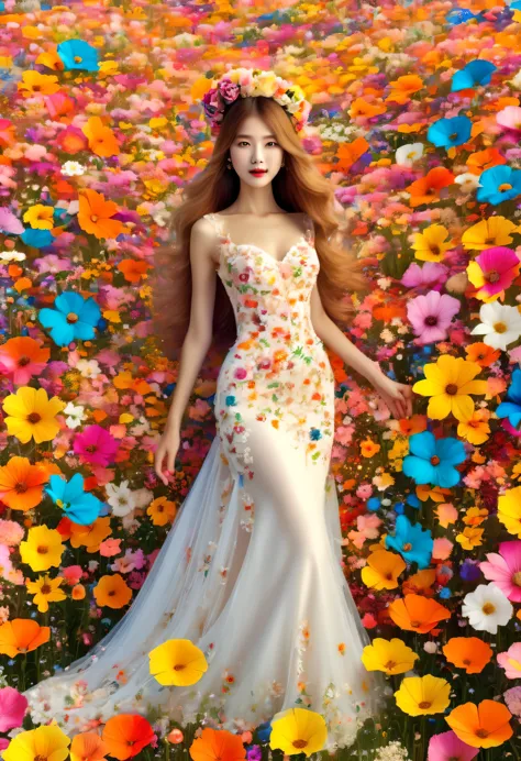 Ridiculous, high resolution, super detailed, (girl:1.3), Put on a wedding dress,(Design flower field scene, With blooming flower...