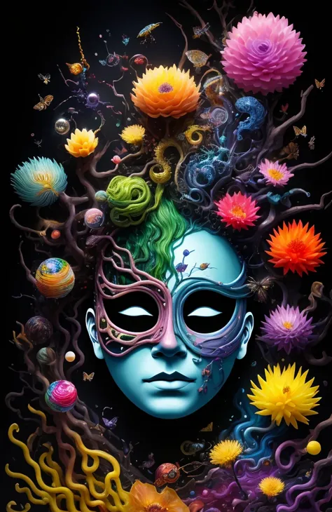 3d mask with various ordinary objects on it,spiky blonde hair,texture, complicated, dreams bloom like flowers，ayahuasca，old tree...