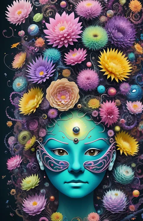 3d mask with various ordinary objects on it,spiky blonde hair,texture, complicated, dreams bloom like flowers，ayahuasca，old tree...