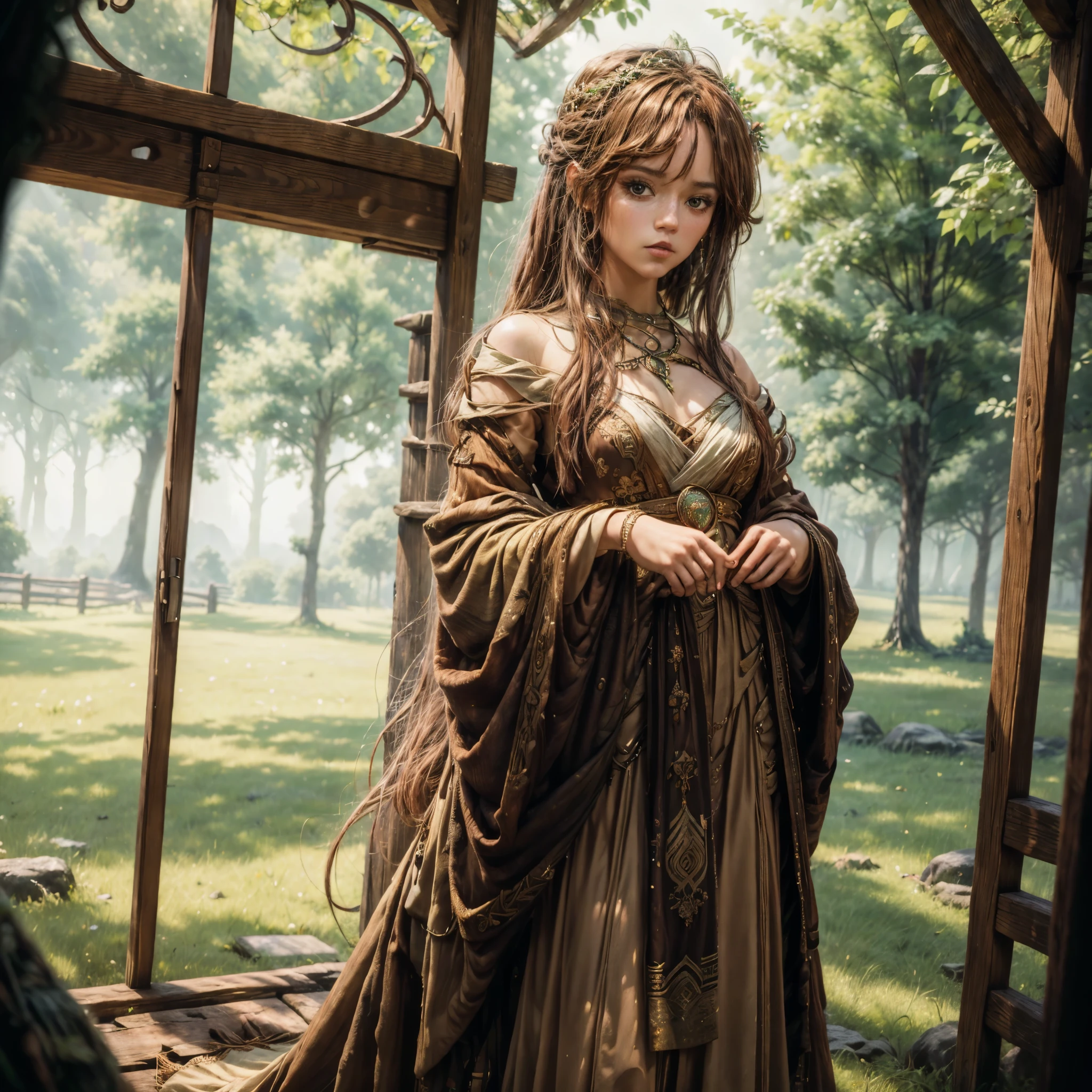 (beste Qualität,4k,8k,highres,Meisterwerk:1.2),ultra-detailliert, 1 Frau, Keltische Göttin Epona, Abonnieren, kastanienbraune Haare, haselnussbraune Augen, Druidenkleid, in einem Scheunenhof stehen, mütterlich, sanft gestellt, Betrachter betrachten, Verführerische Augen, gezeichnet im Stil von Yoshitaka Amano, HDR, 8k, absurdesten, Cinestill 800, scharfer Fokus