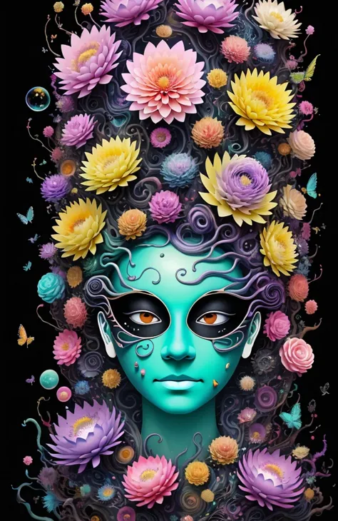 3d mask with various ordinary objects on it,spiky blonde hair,texture, complicated, dreams bloom like flowers，ayahuasca，old tree...