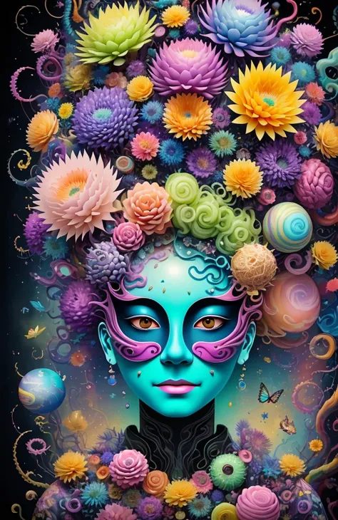 3d mask with various ordinary objects on it,spiky blonde hair,texture, complicated, dreams bloom like flowers，ayahuasca，old tree...