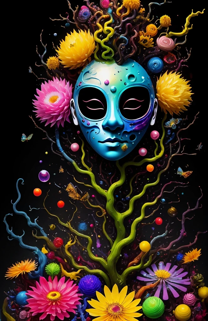 3d mask with various ordinary objects on it,spiky blonde hair,texture, complicated, Dreams bloom like flowers，ayahuasca，old tree，bubble，small fish，Gorgeous, shadow, pastel colors, 3d, mask, Very detailed, Deco, tim burton, salvador dali, Cheng Xiaolong, Cyril Rolando, inspired by J. d. lasso, 3d stereoscopic，pop color style, Portrait photo surrounded by orbiting planetary satellites, green hair spiky hair, make me jealous, Mark Leyden, Alberto Seveso, creek shade, Anna Dietman, Flora Bossi, 8k resolution, perfect composition, Milky Way, rainbow colors, flying insects, scales, wing, blue, texture, complicated, Gorgeous, shadow, pastel colors,mask， 3d, Very detailed, Deco, tim burton, Dale Chihuly, Xiaolongcheng, Cyril Rolando, by J. Jitter，flower sky，artwork，display stand，sculpture，Craftsmanship，artwork，