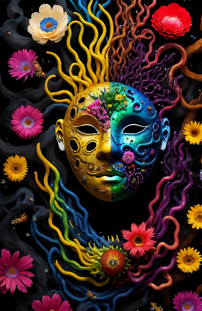 3d mask with various ordinary objects on it,spiky blonde hair,texture, complicated, Dreams bloom like flowers，ayahuasca，old tree，bubble，small fish，Gorgeous, shadow, pastel colors, 3d, mask, Very detailed, Deco, tim burton, salvador dali, Cheng Xiaolong, Cyril Rolando, inspired by J. d. lasso, 3d stereoscopic，pop color style, Portrait photo surrounded by orbiting planetary satellites, green hair spiky hair, make me jealous, Mark Leyden, Alberto Seveso, creek shade, Anna Dietman, Flora Bossi, 8k resolution, perfect composition, Milky Way, rainbow colors, flying insects, scales, wing, blue, texture, complicated, Gorgeous, shadow, pastel colors,mask， 3d, Very detailed, Deco, tim burton, Dale Chihuly, Xiaolongcheng, Cyril Rolando, by J. Jitter，flower sky，artwork，display stand，sculpture，Craftsmanship，artwork，