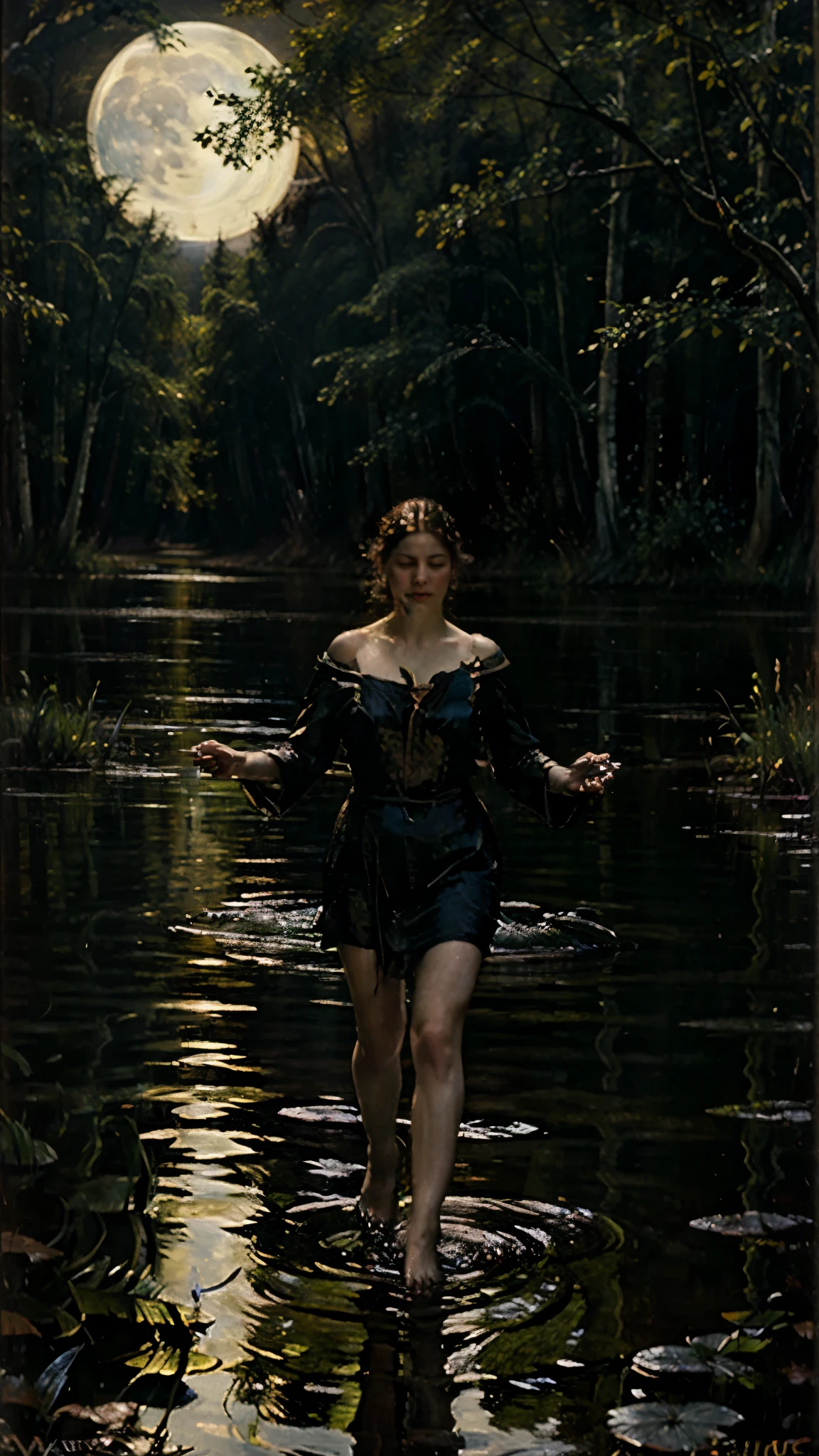 ( 经典油画 ) 一个 RPG 史诗场景，一位全身水弯法师在沼泽中央，在月光下以魔术姿势弯曲水面, 夜晚的氛围, 水在你的身体周围流动, blue 夜晚的氛围, 沼泽背景
