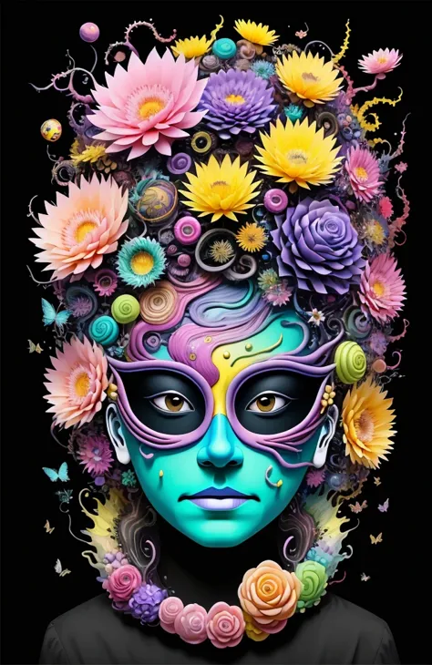 3d mask with various ordinary objects on it,spiky blonde hair,texture, complicated, dreams bloom like flowers，ayahuasca，old tree...