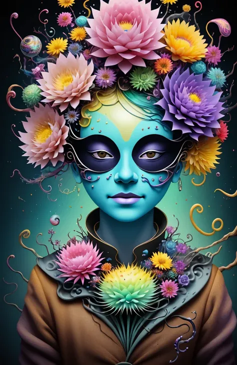 3d mask with various ordinary objects on it,spiky blonde hair,texture, complicated, dreams bloom like flowers，ayahuasca，old tree...