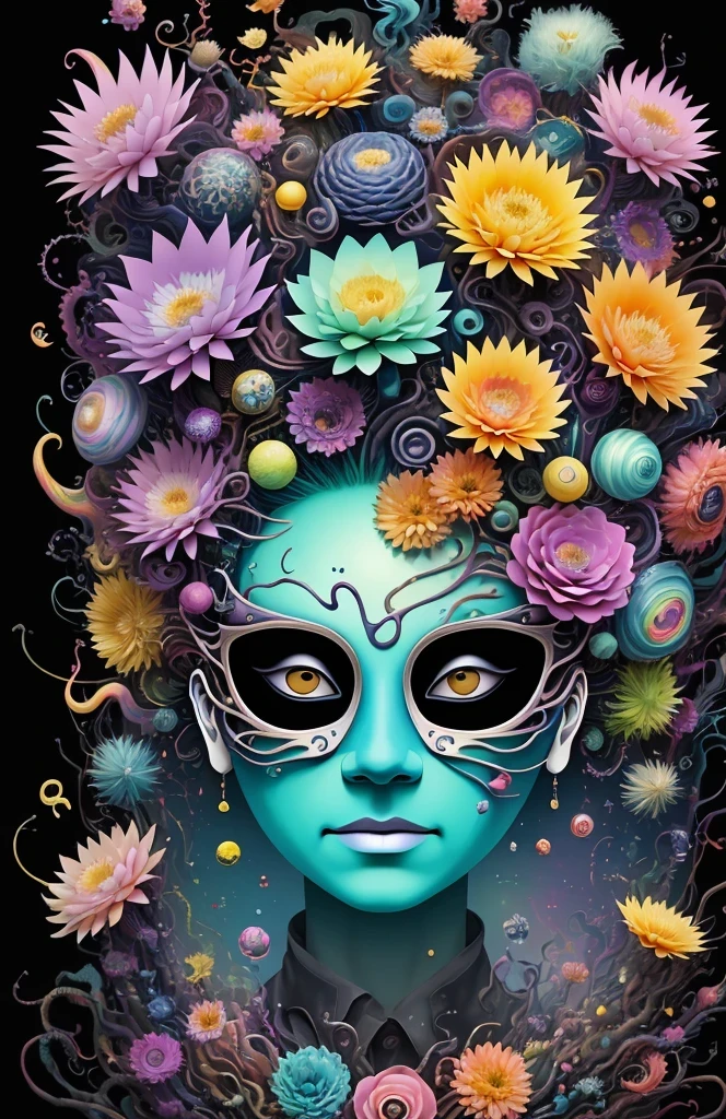 3d mask with various ordinary objects on it,spiky blonde hair,texture, complicated, Dreams bloom like flowers，ayahuasca，old tree，bubble，small fish，Gorgeous, shadow, pastel colors, 3d, mask, Very detailed, Deco, tim burton, salvador dali, Cheng Xiaolong, Cyril Rolando, inspired by J. d. lasso, 3d stereoscopic，pop color style, Portrait photo surrounded by orbiting planetary satellites, green hair spiky hair, make me jealous, Mark Leyden, Alberto Seveso, creek shade, Anna Dietman, Flora Bossi, 8k resolution, perfect composition, Milky Way, rainbow colors, flying insects, scales, wing, blue, texture, complicated, Gorgeous, shadow, pastel colors,mask， 3d, Very detailed, Deco, tim burton, Dale Chihuly, Xiaolongcheng, Cyril Rolando, by J. Jitter，flower sky，artwork，display stand，sculpture，Craftsmanship，artwork，