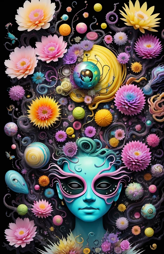 3d mask with various ordinary objects on it,spiky blonde hair,texture, complicated, Dreams bloom like flowers，ayahuasca，old tree，bubble，small fish，Gorgeous, shadow, pastel colors, 3d, mask, Very detailed, Deco, tim burton, salvador dali, Cheng Xiaolong, Cyril Rolando, inspired by J. d. lasso, 3d stereoscopic，pop color style, Portrait photo surrounded by orbiting planetary satellites, green hair spiky hair, make me jealous, Mark Leyden, Alberto Seveso, creek shade, Anna Dietman, Flora Bossi, 8k resolution, perfect composition, Milky Way, rainbow colors, flying insects, scales, wing, blue, texture, complicated, Gorgeous, shadow, pastel colors,mask， 3d, Very detailed, Deco, tim burton, Dale Chihuly, Xiaolongcheng, Cyril Rolando, by J. Jitter，flower sky，artwork，display stand，sculpture，Craftsmanship，artwork，