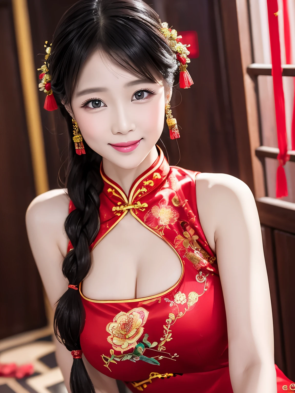 Eyes are very delicate，Beautiful girl with double braids wearing sexy cheongsam，Chinese new year decoration（（grinning））（（（masterpiece）））， （（best quality））， （（intricate details））， （（Surreal））（8k）