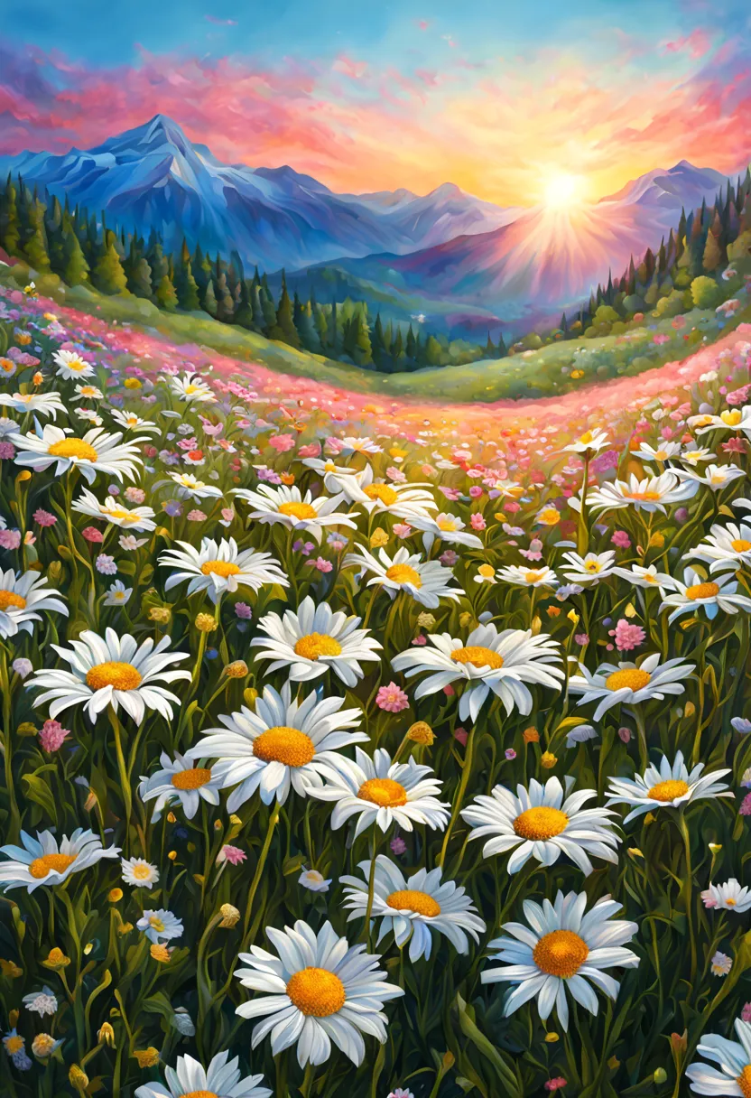 Fantasy flower field of daisies and pastel flowers,Intricate Details Whimsical Fantasy Landscape Art Intricate Details, masterpi...