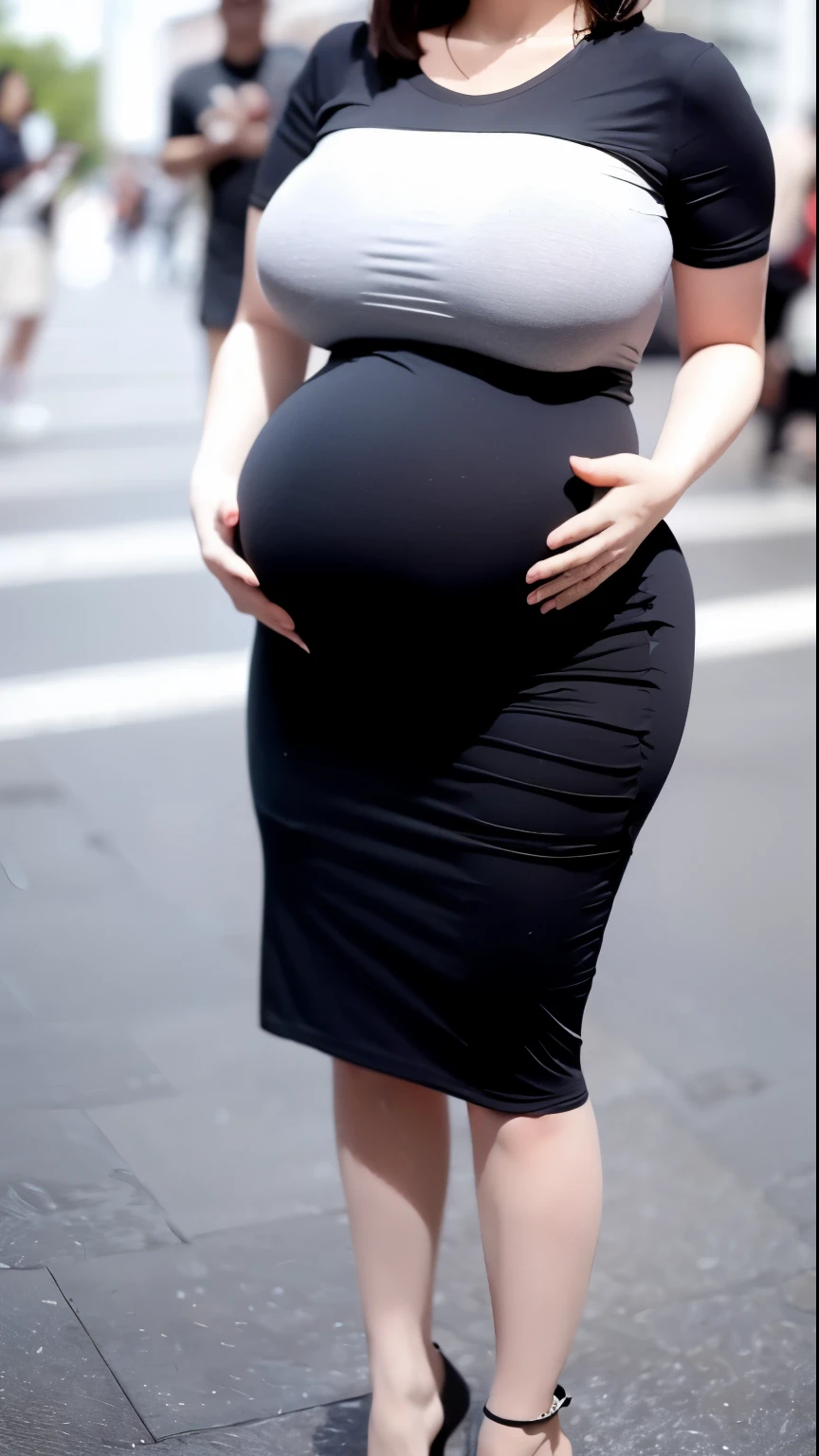 Pregnant woman in black and white dress walking down the street - SeaArt AI