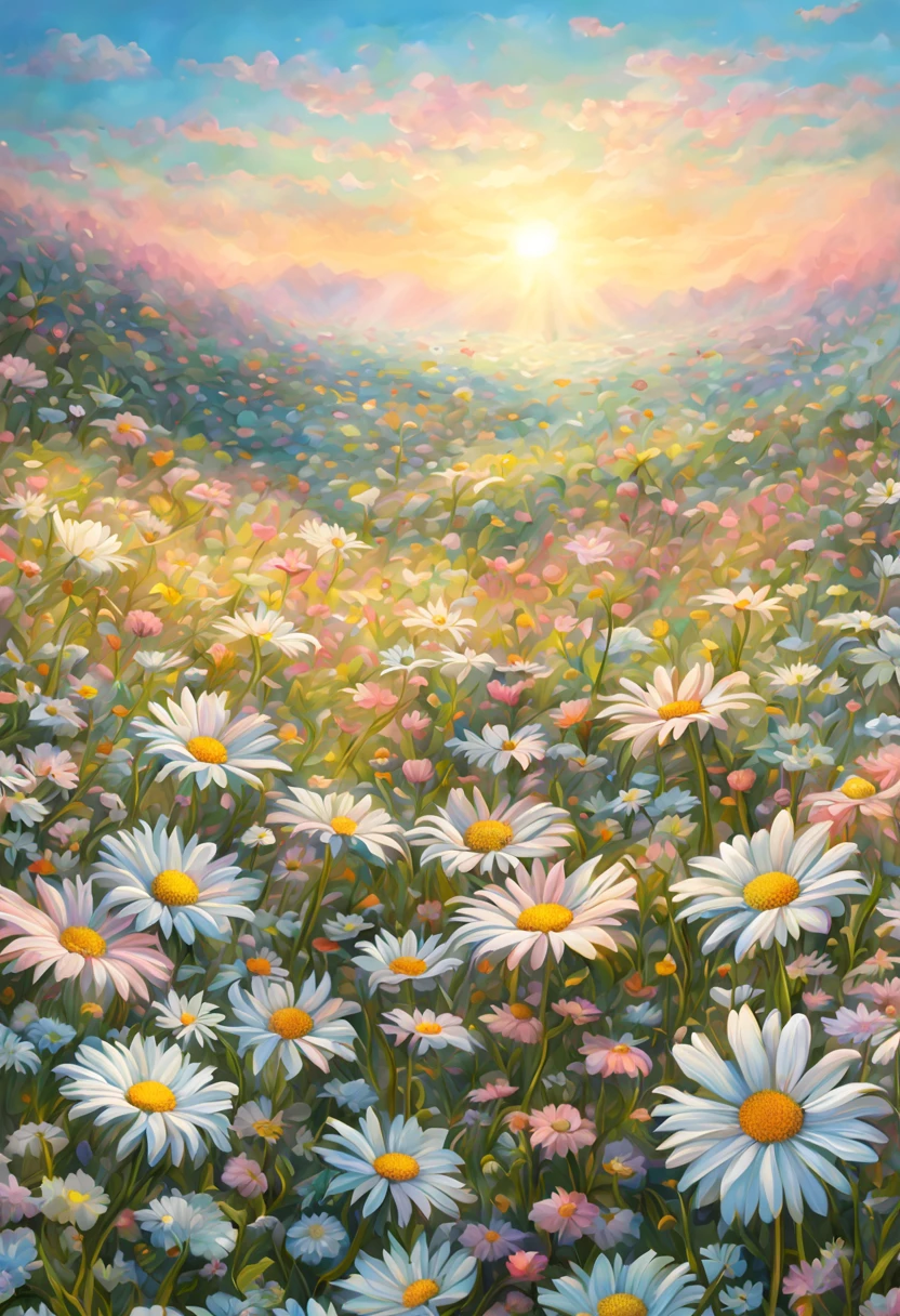 Morning sunlight soft colors fantasy flower field daisies and pastel flowers,Intricate Details Whimsical Fantasy Landscape Art Intricate Details, masterpiece, Beautiful detailed ultra high definition beautiful art 