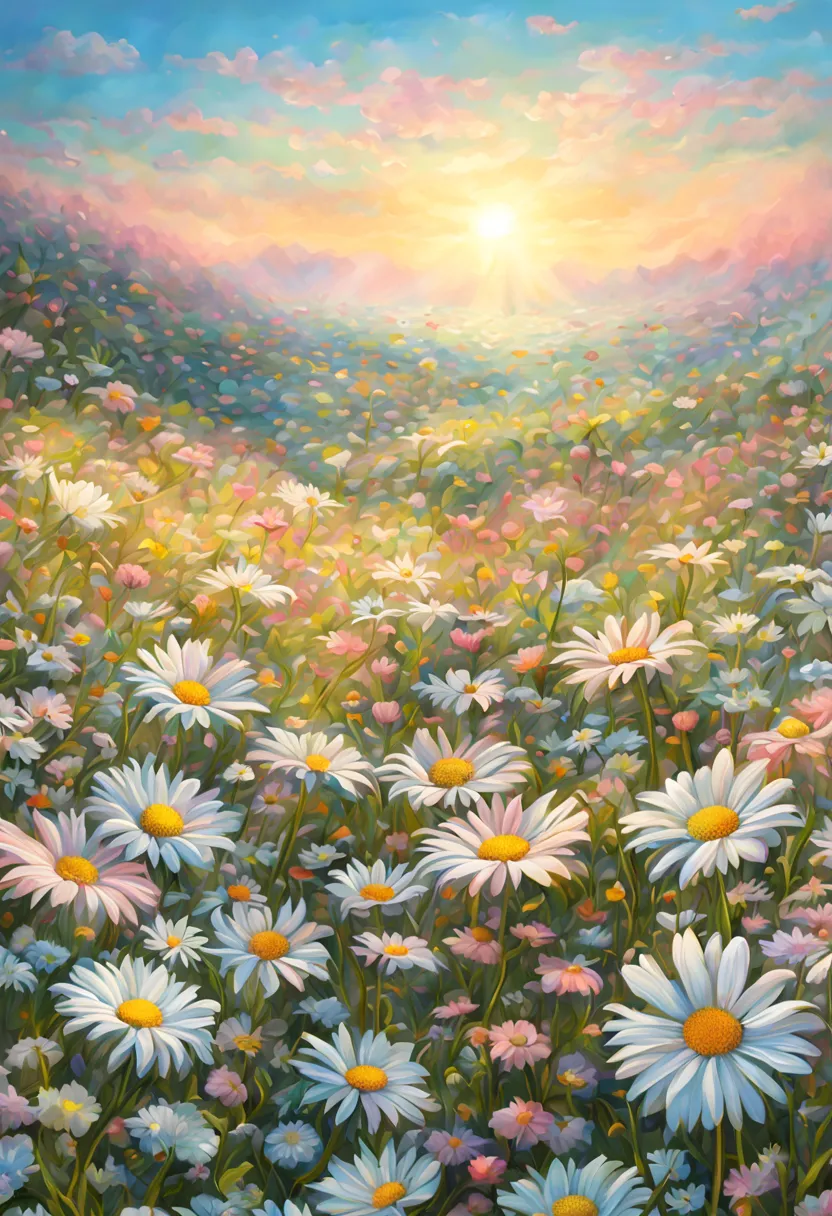 Morning sunlight soft colors fantasy flower field daisies and pastel flowers,Intricate Details Whimsical Fantasy Landscape Art I...
