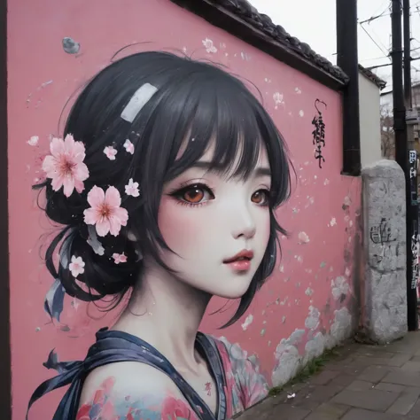 (masterpiece, best quality), Graffiti of a magical sakura maiden, on a street wall, signed by the word "TUPU".