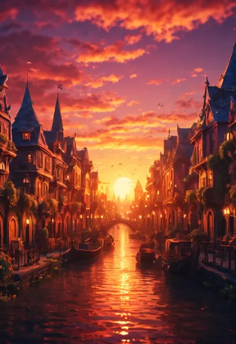(best quality, highreagical sunset in a magical city, detailed background, ultra sharp focus, 3d crunch, cinematic,