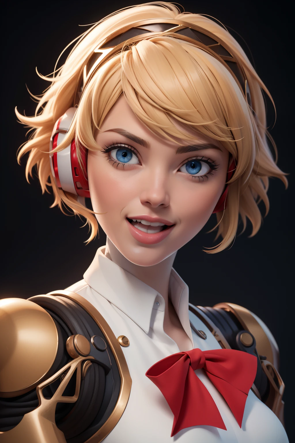 2d, masterpiece, best quality, highly detailed eyes, highly detailed face, (masterpiece, best quality:1.2), cowboy shot, solo, 1girl, aegis, android, robot joints, smile, looking at viewer, red bow, cowboy shot, feet out of frame, 1girl, solo, standing, black background, red background, aegis, android, robot joints, headphones, looking at viewer, smile, open mouth, hand on own face, straight-on, blonde hair, white body, mature woman,