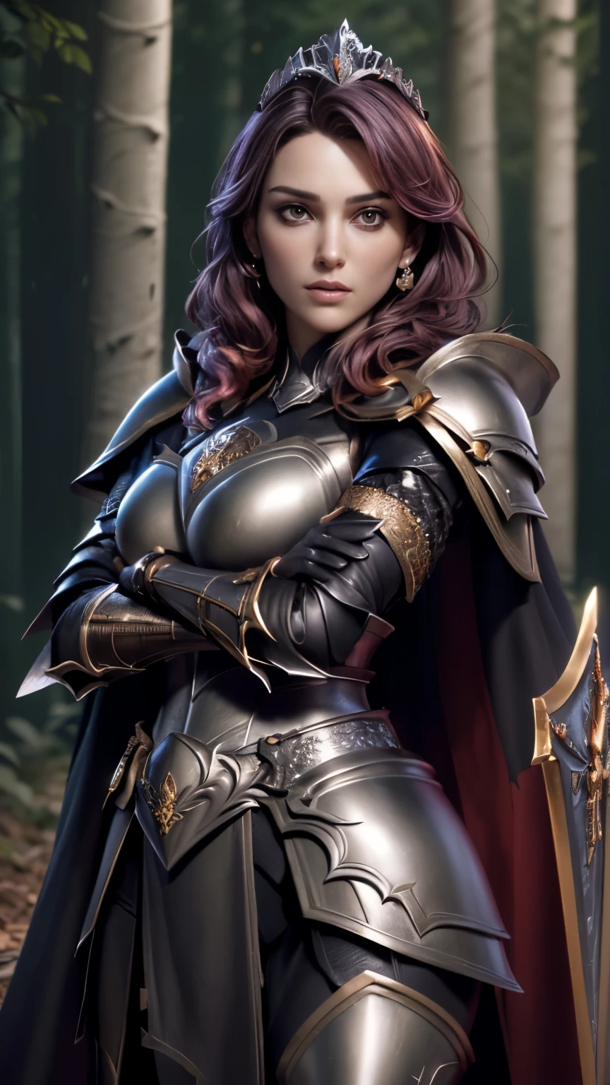 photo of celebrity, RAW, beautiful woman, ((portrait)), ((detailed face, colorful rainbow hair:1.2)), ((detailed facial feature, detailed skin, clear skin, parted lips), (perfect proportioned body, medium breasts), ((wearing tiara, cape, full armor, breastplate, gauntlets, armored legwear, holding a shield with left arm, holding a sword with right arm: 1.5)), (high detailed dark forest: 1.3), (realistic photo, best quality, detailed), (8k wallpaper), (cinematic lighting, dramatic lighting) (sharp focus, intricate)