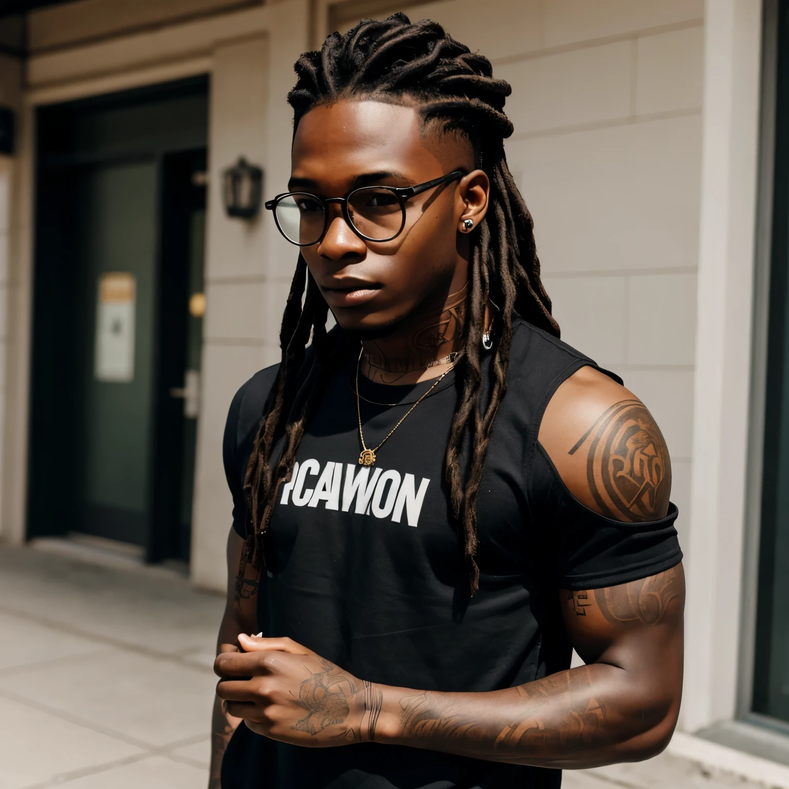 A man with dreadlocks and a black shirt is standing outside - SeaArt AI