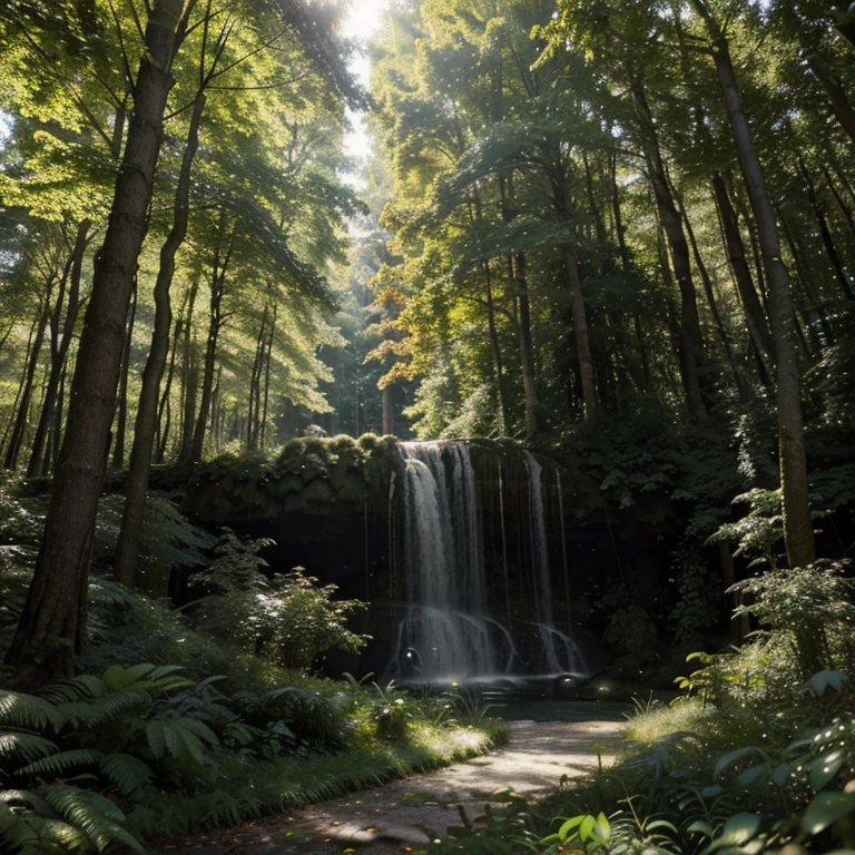 dense forest, (masterpiece : 1.2), Outside, cascade, profondeur de champ, Sunlight, objectif grand angle, feuillage vert, nature, Studio Ghibli, leaf details, variété d'arbres, atmosphère paisible.