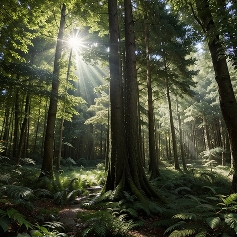 dense forest, (masterpiece : 1.2), Outside, cascade, profondeur de champ, Sunlight, objectif grand angle, feuillage vert, nature, Studio Ghibli, leaf details, variété d'arbres, atmosphère paisible.