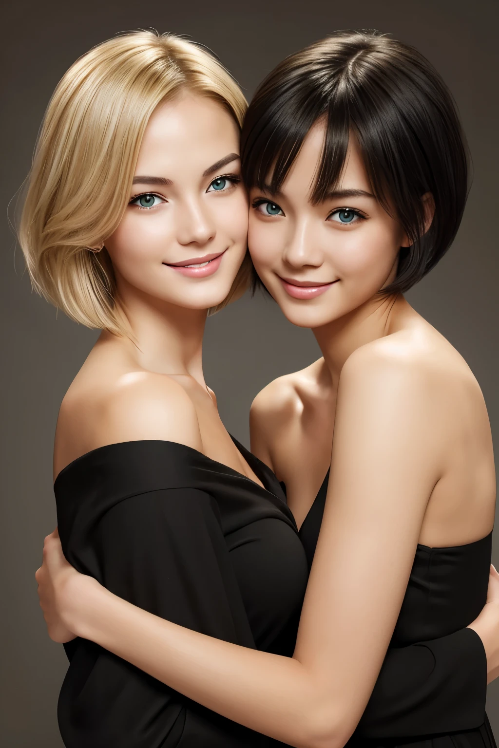 Create an image of a woman with short shoulder-length blonde hair, green eyes, white skin, hugging another woman with oriental features, short shoulder-length black hair, both should be happy and smiling, like a couple of girlfriends, with lots of detail, image quality, realism.