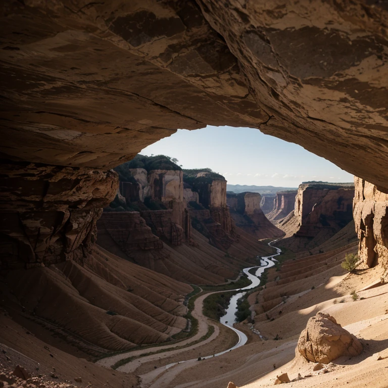 Canyon rougeoyant, (masterpiece : 1.2), Outside, formations rocheuses, profondeur de champ, twilight sky, objectif grand angle, textured rocks, desert landscape, Hayao Miyazaki, strata details, vastes parois, Play of light and shadow.