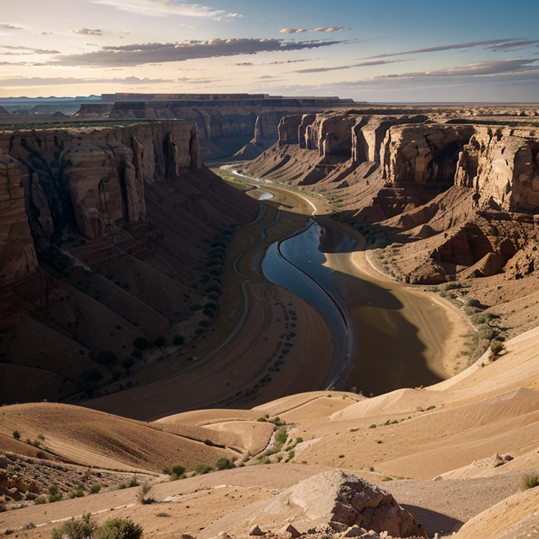 Canyon rougeoyant, (masterpiece : 1.2), Outside, formations rocheuses, profondeur de champ, twilight sky, objectif grand angle, textured rocks, desert landscape, Hayao Miyazaki, strata details, vastes parois, Play of light and shadow.