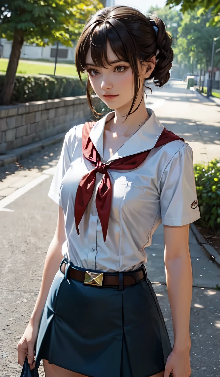 lenço pioneiro, Saia azul muito curta, franja, clavícula, camisa branca apertada, peito estourando, manga curta, camisa de colarinho, cinto, lenço vermelho, altura toda, sashagrey, cabelo escuro longo e liso, sorriso sacanagem, peito médio perfeito
