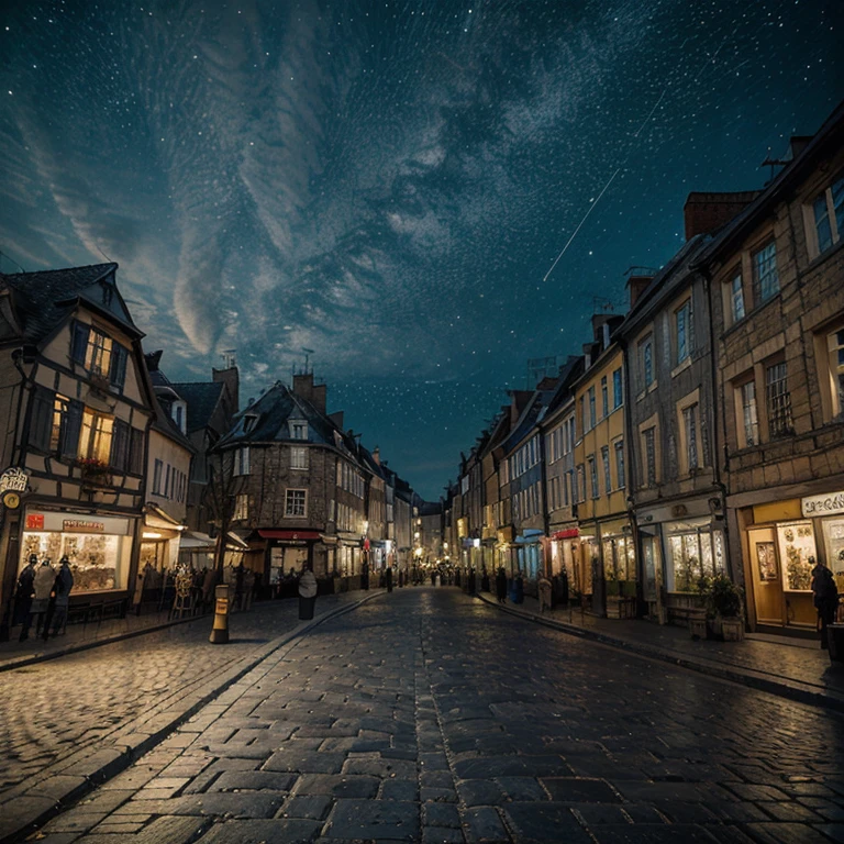 busy street, (masterpiece : 1.2), Outside, ville, profondeur de champ, starry Night, objectif grand angle, old buildings, Cobbled streets, Tetsuo Hara, details of the signs, foule de passants, warm lights.